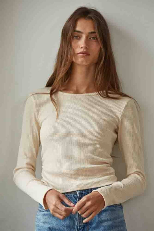 Ruched Ribbed Long Sleeve Top | Cream