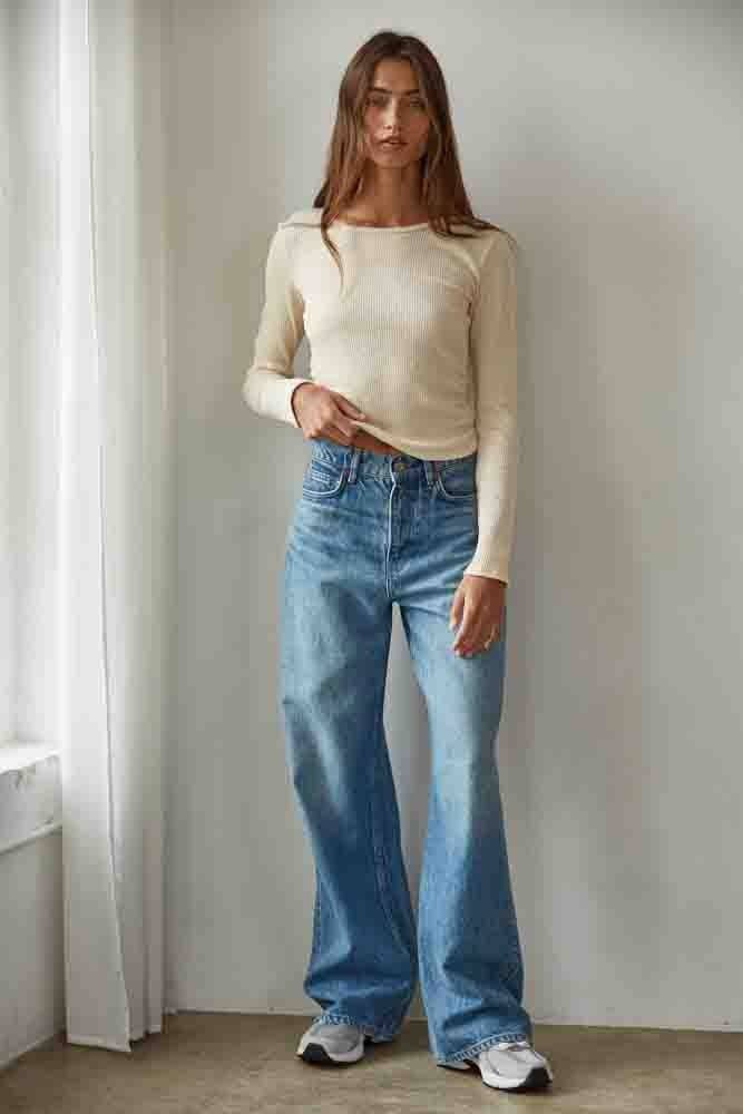 Ruched Ribbed Long Sleeve Top | Cream